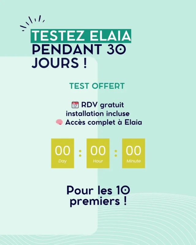 🎁 Test offert pendant 30 jours

Vous voulez essayer Elaia sans vous engager ? C’est le moment.

📍 Installation du chatbot et des assistants IA

🧠 Mise en place de votre base de connaissance

🤝 Accompagnement personnalisé

Tout est inclus. Gratuitement. Sans engagement. A partir de maintenant.

Mais uniquement pour les 10 premiers RDV, jusqu'au 11 juillet.

Réservez votre créneau via le lien en bio !
